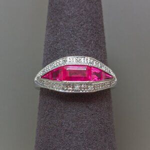 Luke Stockley 9k White Gold Ruby & Diamond Navette Ring — 16 mm ruby panel